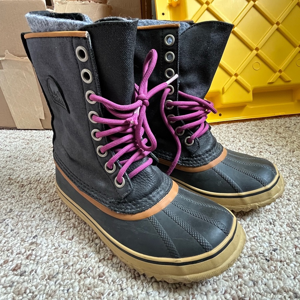 Sorel Black and Tan Winter Boots with Pink Laces